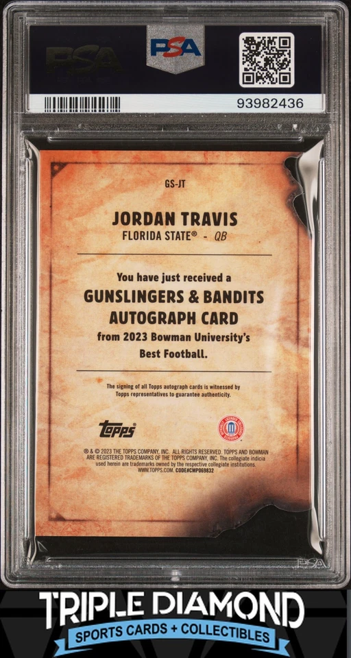2023 Bowman University Best Jordan Travis Gunslinger Auto Gold #/50 PSA 9 A182 - Image 2 of 2