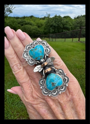 NAVAJO ~KINGMAN ~ TÜRKIS ~ ZWEI STEINE ~ HERZ ~ BIENE 🐝 ~RING ~ RUSSELL SAM - Bild 7 von 12