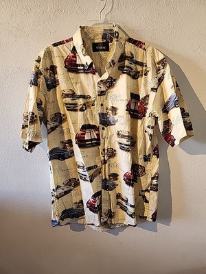 Redhead Hot Rod Drive In Classic Car Print Yellow Short Sleeve Button Mens Xl