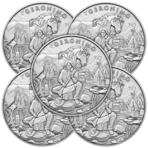 Lot of 5 - 1 Troy oz Geronimo Design .999 Fine Silver Round