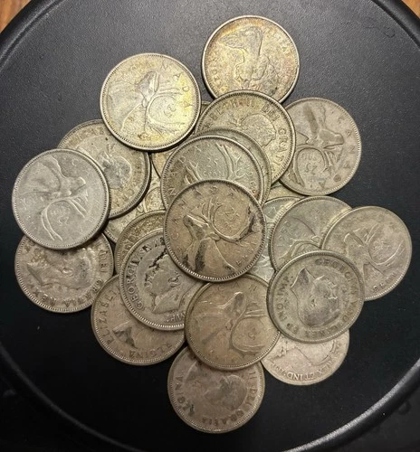 Canadian Silver Quarter Lot, 80% Silver, 138g Total Weight, World Coins