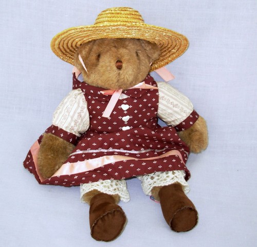Country Girl Teddy Bear '87 stuffed toy Heartline 13 in. hat brown calico dress - Picture 9 of 19