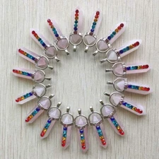 Natural rose Quartz Stone 7 colors alloy pillar Pendants 24pcs/lot Wholesale