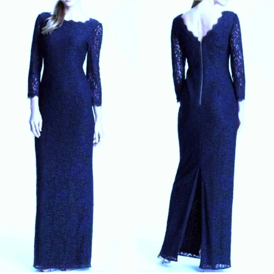 ADRIANNA PAPELL Navy Blue Floral Lace 3/4 Sleeve Evening Gown Maxi Dress Size 4 - Image 3 of 4