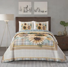 Sunflower Garden Printed Lightweight Reversible King Quilt Set Country Bedding