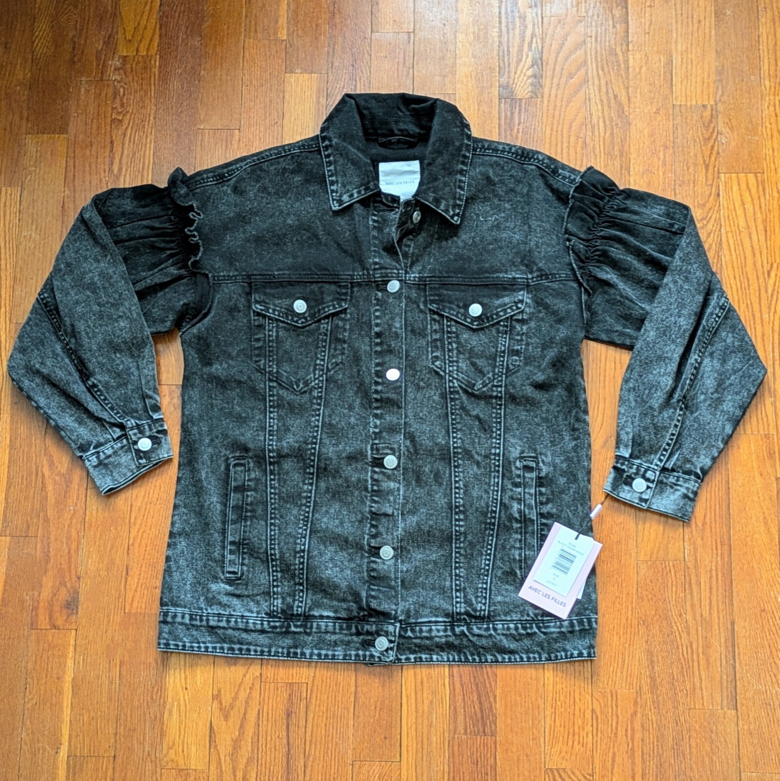 Chaqueta de mezclilla negra lavado ácido Avec Les Filles talla S nueva con etiquetas