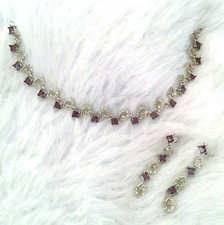 Indian Bollywood Silver Plated CZ Ethnic AD Jewelry Earrings Necklace Bridal Set