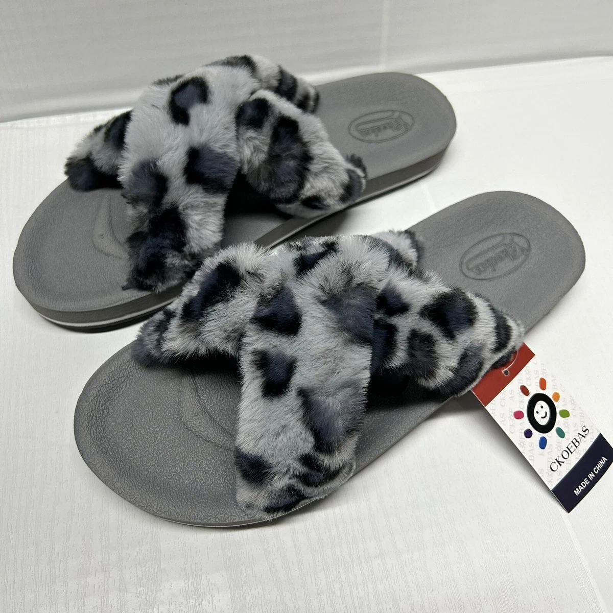 Gray fuzzy slides sale