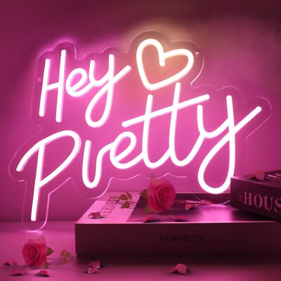Hey Pretty Neon Sign with Adjustable Brightness, Pink Neon Signs (16.1''x11.4'')