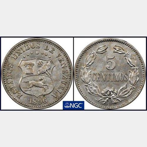 1896 Venezuela 5 Centimos NGC MS 63. KM-Y-27