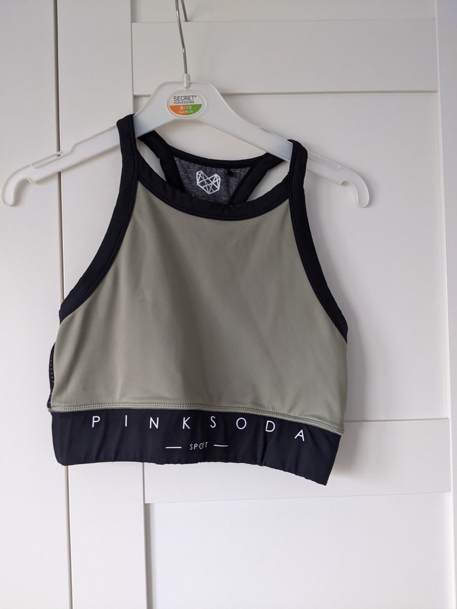 Pink Soda Gym Sports Bra Cropped Top Black And Khaki Size 6/8