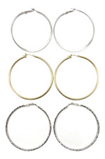 Lot Of 3pr Hoop Earrings Gold  Silver Tones Retro Modern Boho Large 2.75  EUC