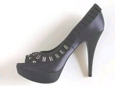 Tory Burch Erinn Satin Platform Heels Navy Blue Blk Sz 9.5 Ruffle Stud Peep Toe