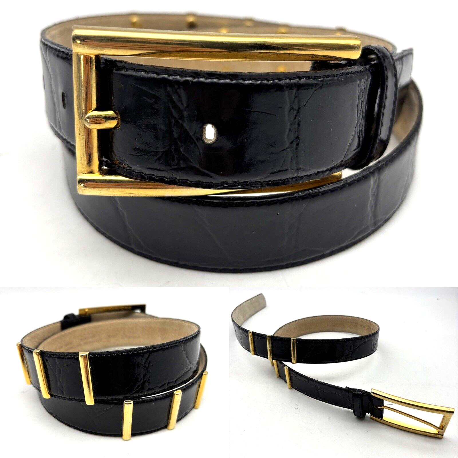 1992 Liz Claiborne Accessories 29011 Black Patent Leather Gold Accent Belt L 33