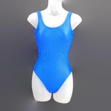 South Point Jantzen Vintage Blue Swimsuit US 10 High Thigh Low Back 80s Ribbed