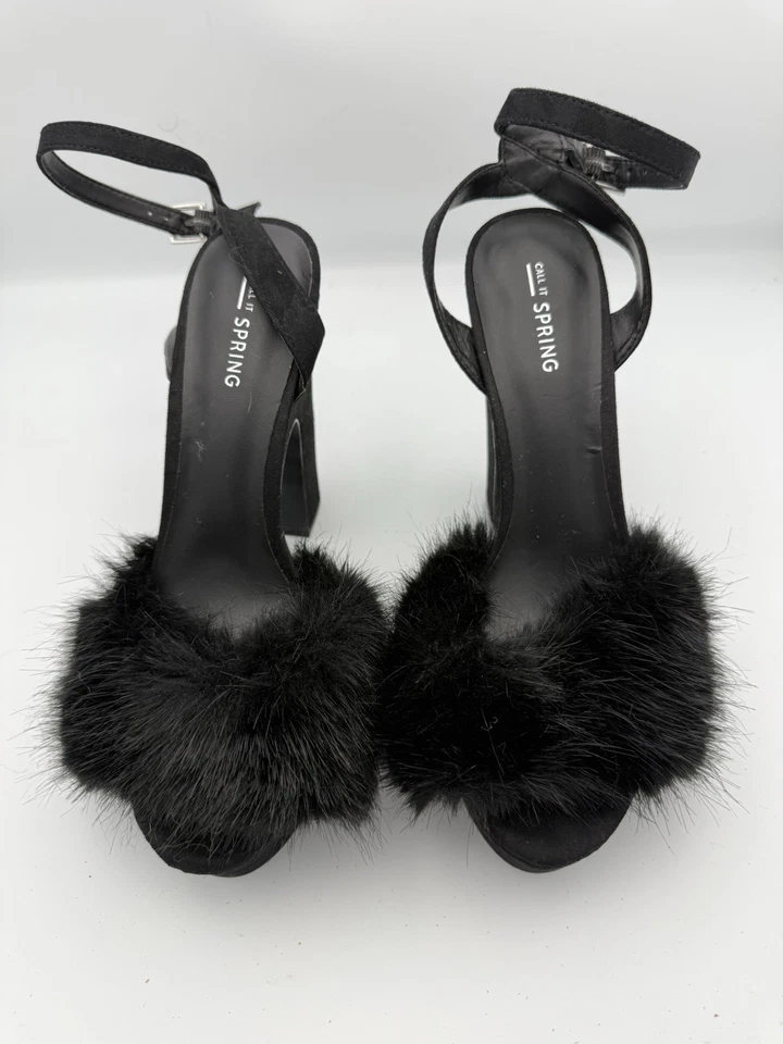 US 8.5 M Black Maribou Fur Feather Platform High Heels Faux Suede Open Toe 1477F - Image 2 of 4