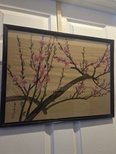 Vintage Japanese Framed Hand Painted Pink Flowers On Silk Fabric Signed 18x23.5"