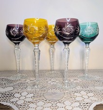 VTG Bohemian Cut to Clear Crystal Wine Hock Glasses Harlequin Set of 5 G