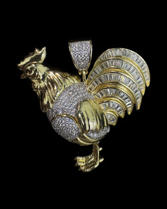 Authentic Gold Plated Iced Rooster Pendant 925 Fine Silver
