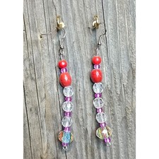 Handmade Beaded Artisan Drop Earrings, Clear and Red Bead, 3.5 Inch Boho Jewelry