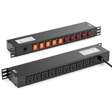 10 Outlet Horizontal 1U Rack Mount PDU Power Strip with Surge Protector - 110...
