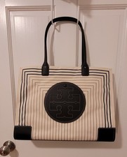 Tory Burch Ella Canvas Tote Bag   Cream  Black   Very Good Gently Used Conditio