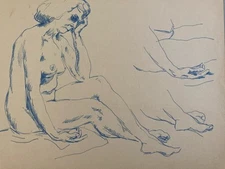 Very Nice Drawing Lavis Ink Naked Woman Seat Bare Back Erotic 1945 to Identify