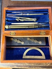 Antique Mathematical Marine Drafting Set with Ebony Parallel Ruler & Brass Protr