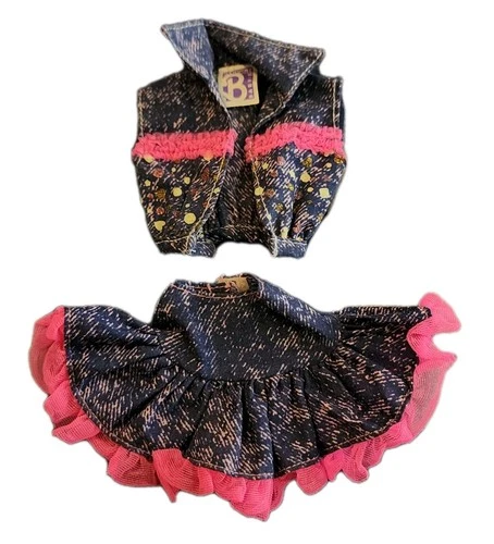 vintage Barbie Cool Jeans denim skirt and Jean jacket set Hot Pink Lace Trim