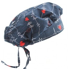 Navy Blue Heart Beat EKG Bouffant Surgical Scrub Cap