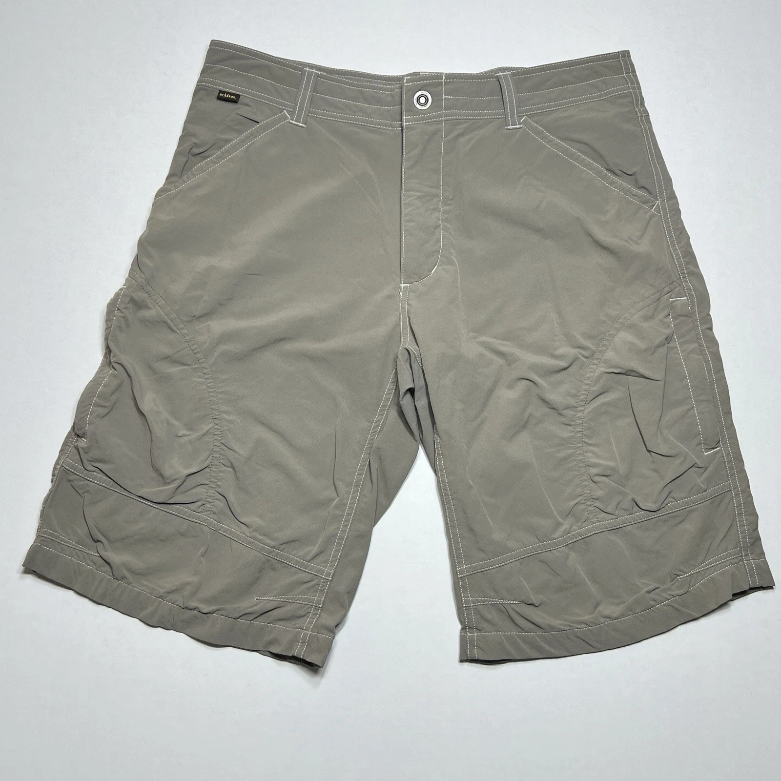 Kuhl Renegade Cargo Shorts Men Sz 34 Tan Inseam 12" Nylon Stretch Hiking Outdoor