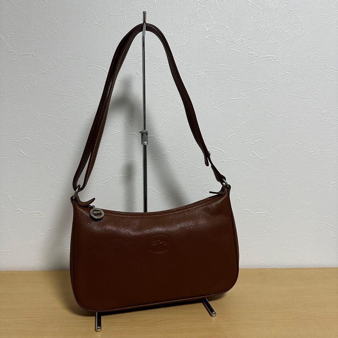 Longchamp Paris East West Leather Shoulder Bag Brown 2way Rare