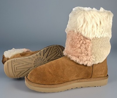 Ugg Womens Classic Short Patchwork Fluff Pink White Check Chestnut Suede Boot, 9