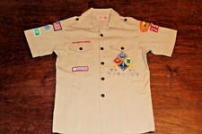 Boy Scouts of America BSA Youth Shirt Tan Large Sewn Patches Short Sleeve