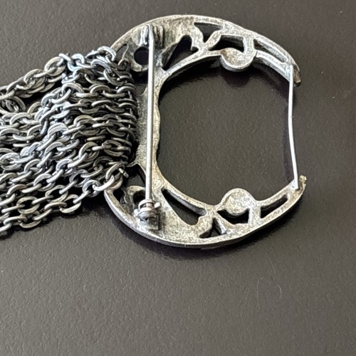 Upcycled Crescent Fringe Pin Brooch Art Nouveau Filigree Chains Statement VTG - Picture 7 of 8