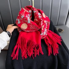 Red Floral Embroidered Fringed Shawl Cashmere Blend Winter Wrap Scarf Gift