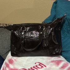 Coach Dark Brown Patent Satchel Bag, Zip Closure, Logo, Detachable Strap
