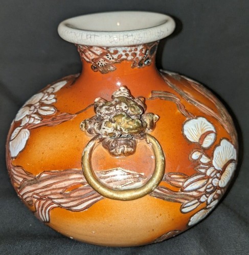 Jarrón antiguo con doble mango floral nipón Moriage Foo Dog - firmado - Imagen 2 de 5