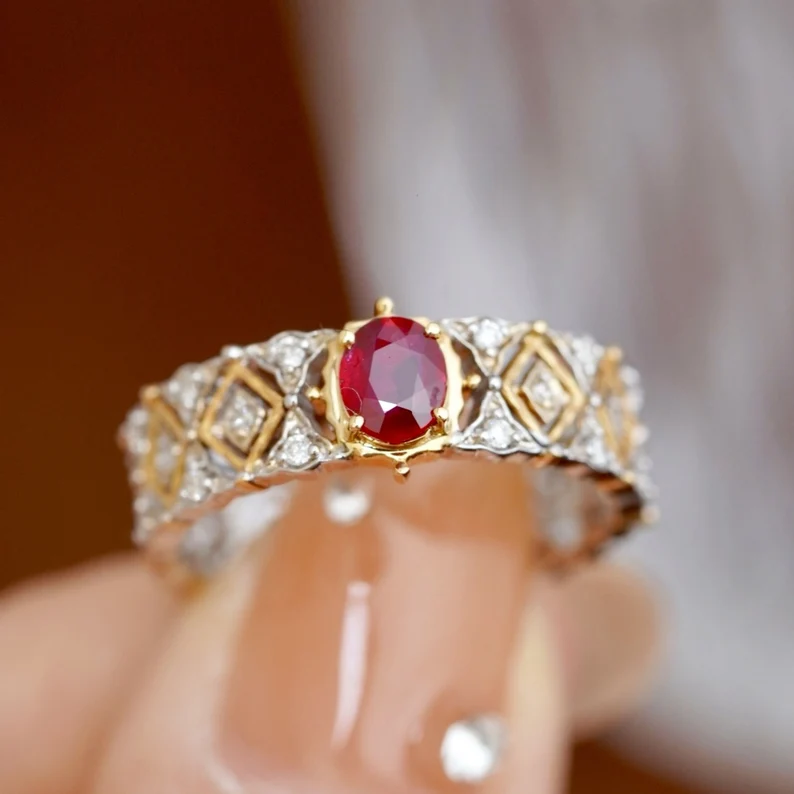 2.70 Ct Oval Cut Simulated Ruby 14k Two-Tone Gold Plated Unique Anniversary Ring