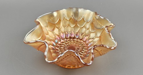 Fenton Scalloped Bowl, Fish Scale Pattern Carnival Glass, Marigold. Antique.