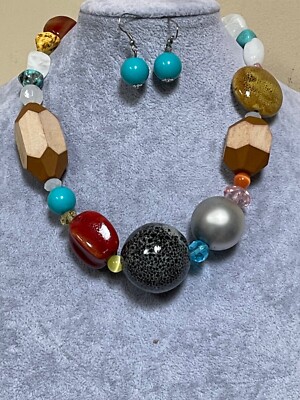 Multi-Layer Glass Beaded Necklace Set With Earrings - Chunky Statement Jewelry For Women