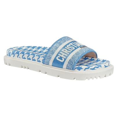Christian Dior Dway Blue White Logo Houndstooth Slide Mule Flat