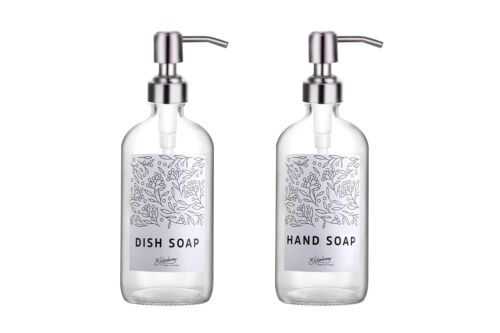 Clear Glass Bathroom Vanity Lotion/Soap Pump Dispenser - Silver - Set of 2 - New - Zdjęcie 1 z 5