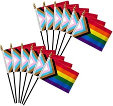 12 Pack Progress Pride Rainbow Flag 4x6 Inch Hand Stick LGBTQ LGBTQIA 