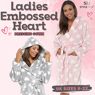 Ladies Heart Embossed Warm Soft Snuggle Cosy Hooded Robe Womens Dressing  Gown | eBay