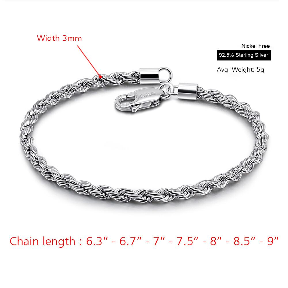 925 Sterling Silver 3MM Twist Rope Chain Braided Twist 925 Sterling Silver 3MM Twist Rope Chain Braided Twist