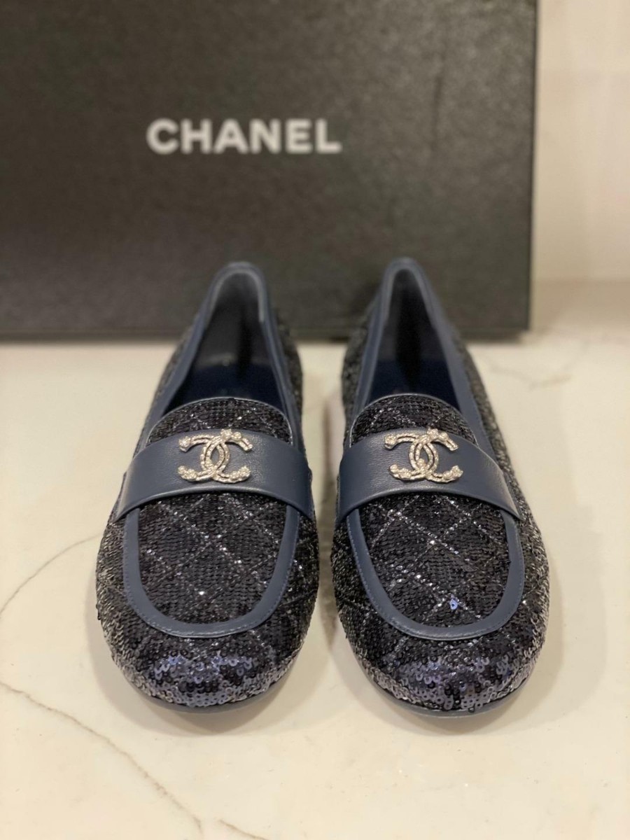 Chanel Espadrille 37 Glitter Canvas Cap Toe CC Flats CC-0602N-0004