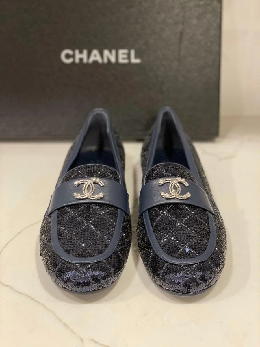 CHANEL 20A Sequin Leather Crystal Pearl CC Loafers Moccasin Flat Shoes $1350