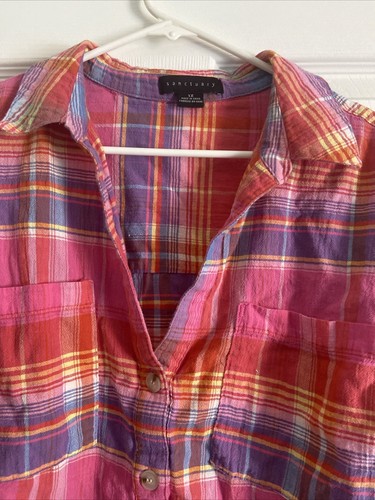 Sanctuary Cropped Button Down Bluse Hemd 1X Mehrfarbig Kariert 100% Baumwolle - Bild 3 von 12