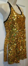 Sequin Halter Dress Top Hologram Gold Ch/Ladies Blk Velvet trim Dance no trunks